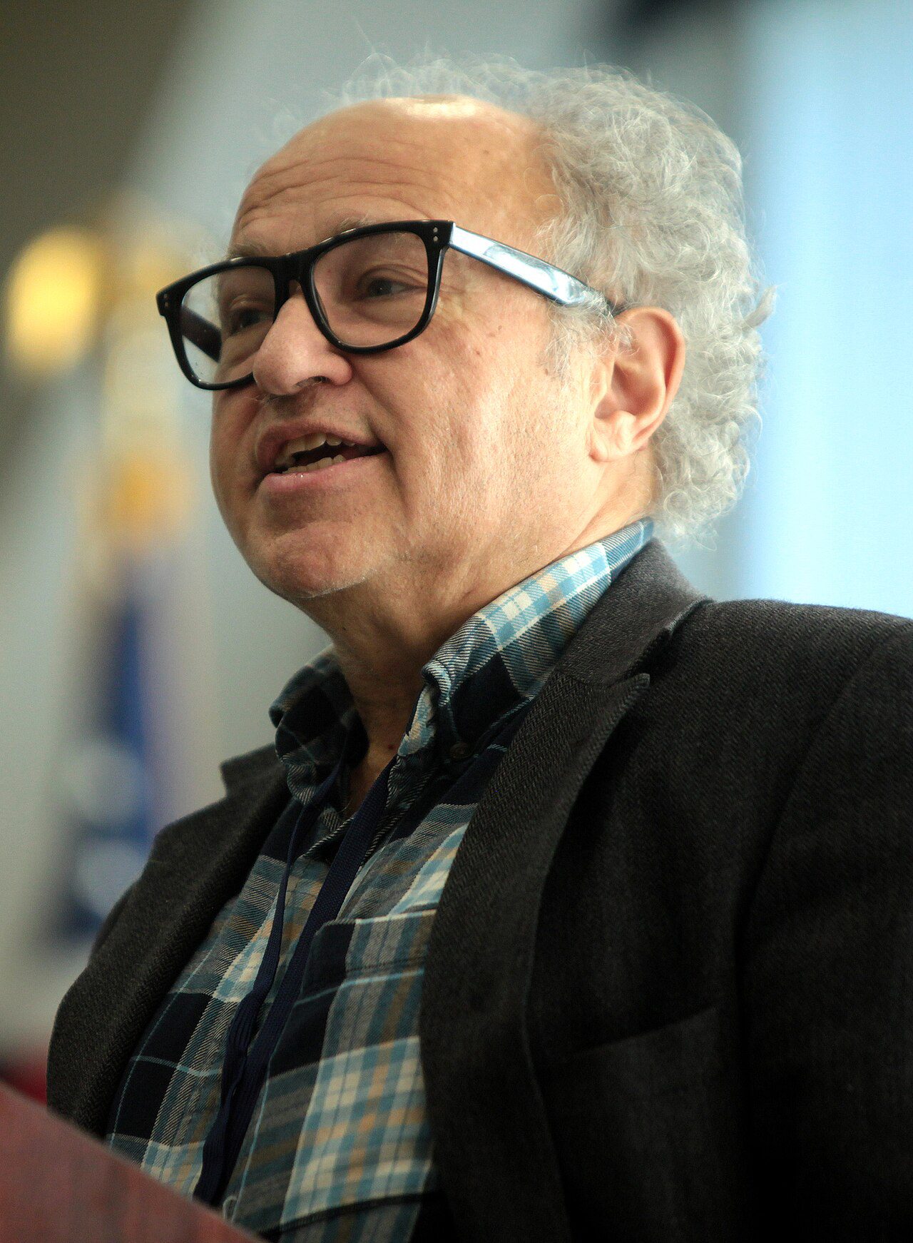 David Friedman, an older man with curly grey hair and heavy black-rimmed glasses, in a dark jacket over a checked shirt, speaking at a lectern